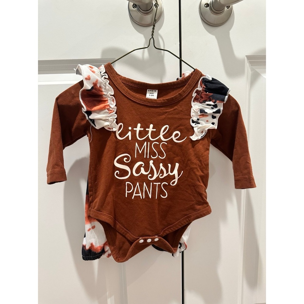 Shein Baby Girl Little Miss Sassy Pants Cow Print Bodysuit and Pants Set 3-6M